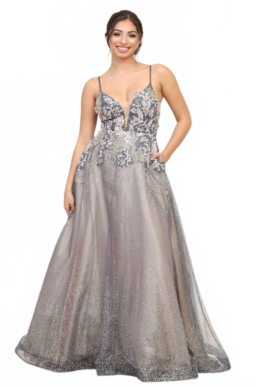 Royal Queen RQ8035 Plunging V-Neck Charcoal/ Nude A-Line Gala Gown