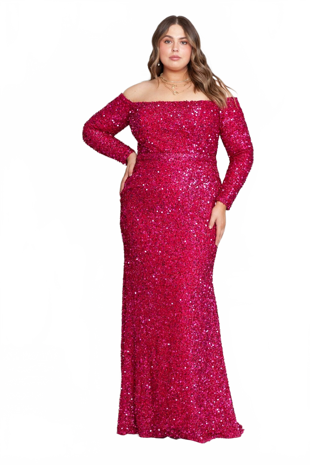 Poly USA W8876 Curve Fitted Off Shoulder Sequin Gown