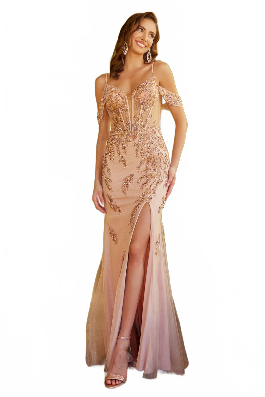 Beaded Cold Shoulder Slit Gown by GLS Gloria GL3543