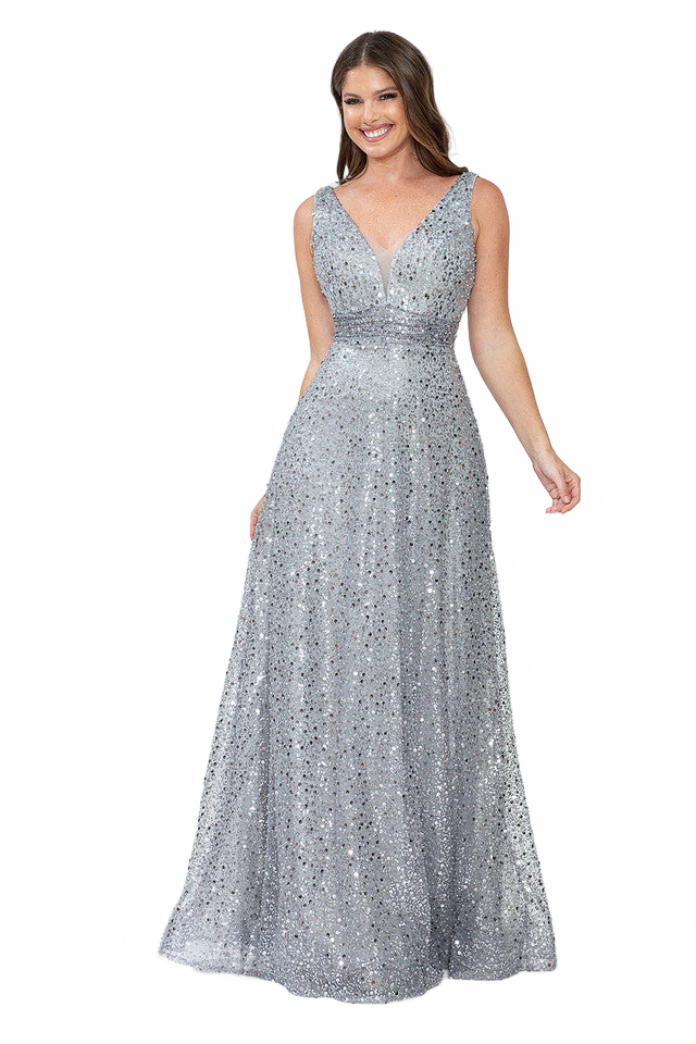 Sequin V-Neck A-Line Evening Gown with Glitter Mesh Overlay Sleeveless Formal Prom Dress By Lenovia 8217