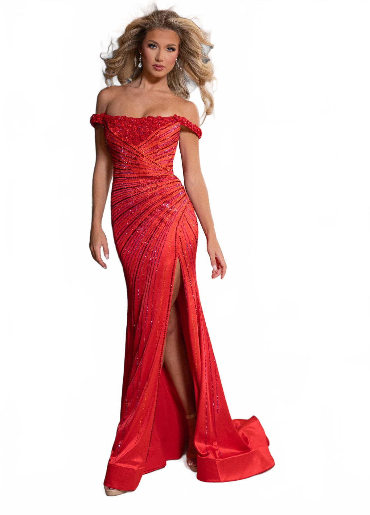 Rachel Allan 70766 3D Floral Off Shoulder Slit Gown