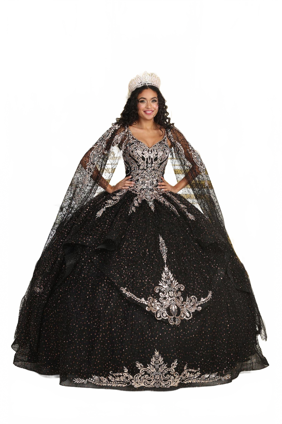 Layla K LK218 Detachable Cape Sleeves Glitter Corset Quinceanera Ball Gown