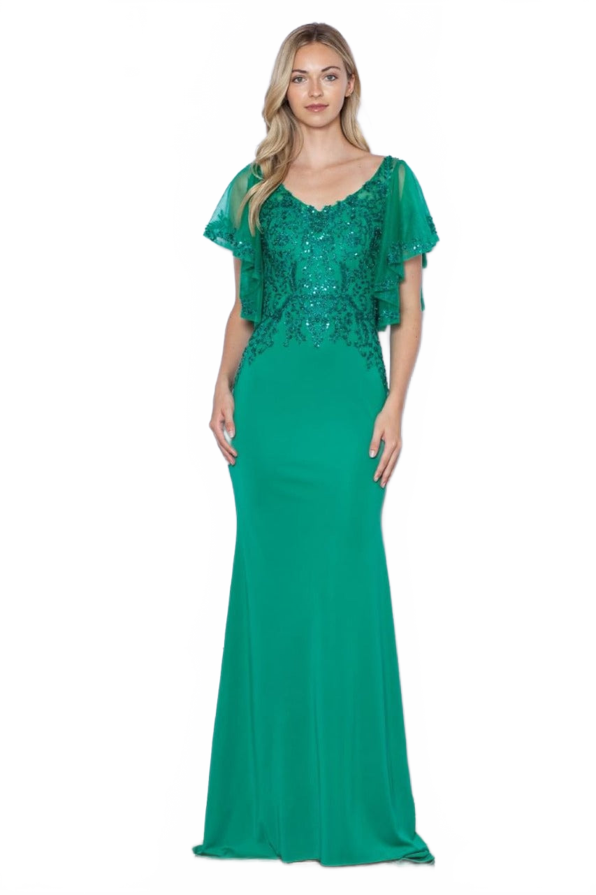 Poly USA 9318 Short Flutter Sleeve V-Neck Embroidered Evening Gown