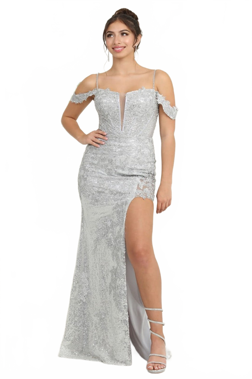 Royal Queen RQ8084 Silver Evening Dress Sequin High Slit Prom Gown