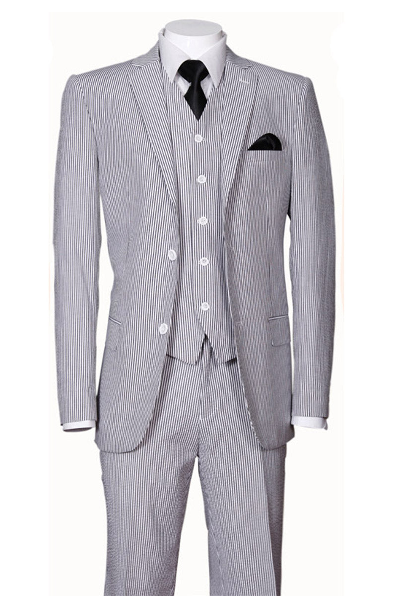 Mens 2 Button Vested Summer Seersucker Suit in Black