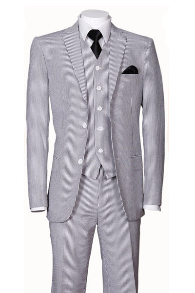 Mens 2 Button Vested Summer Seersucker Suit in Black