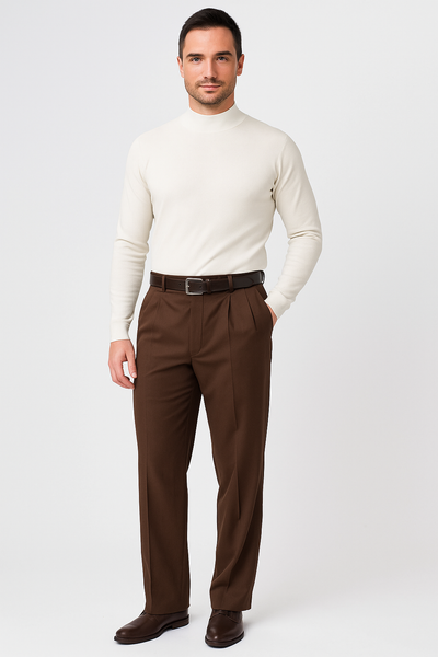 Pacelli Brown Pleated Baggy Fit Dress Pants unhemmed unfinished bottom Men's Wide Leg Trousers - Cheap Priced Dress Slacks For Men On Sale