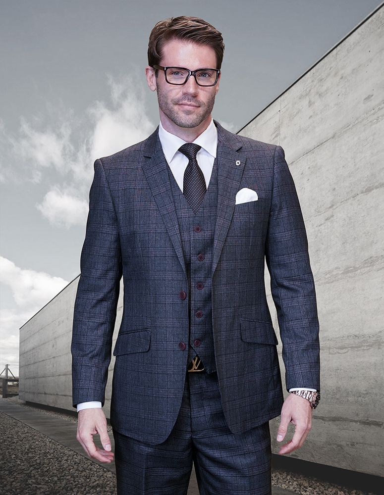 3-Piece Modern Fit Wool Plaid Suit for Men