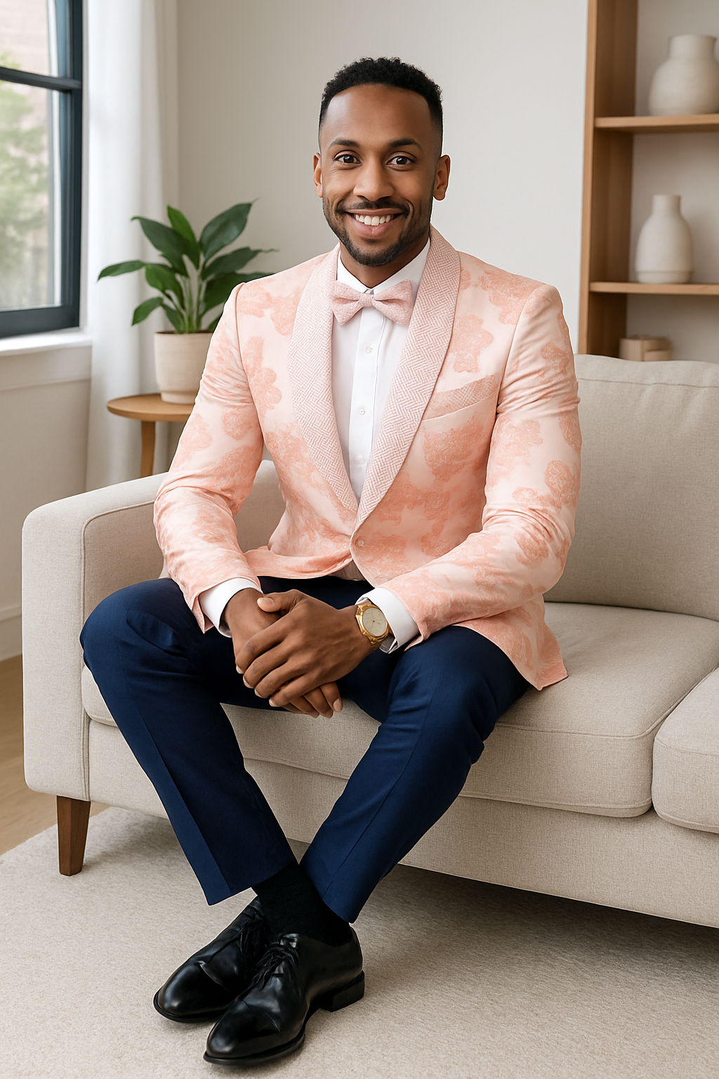 Mens Paisley Jeweled Shawl Prom Tuxedo in Blush Pink