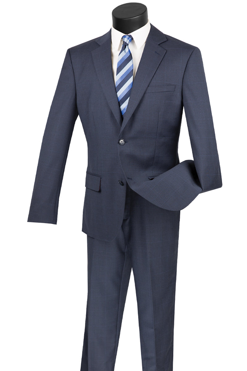 Modern Fit Navy Windowpane Wool Suit for Men