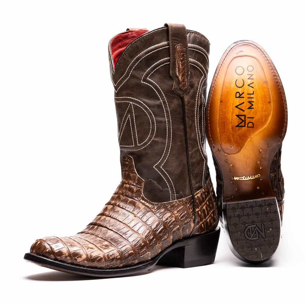 Marco Di Milano Phoenix Stone Brown Caiman Crocodile Round Toe Cowboy Boots