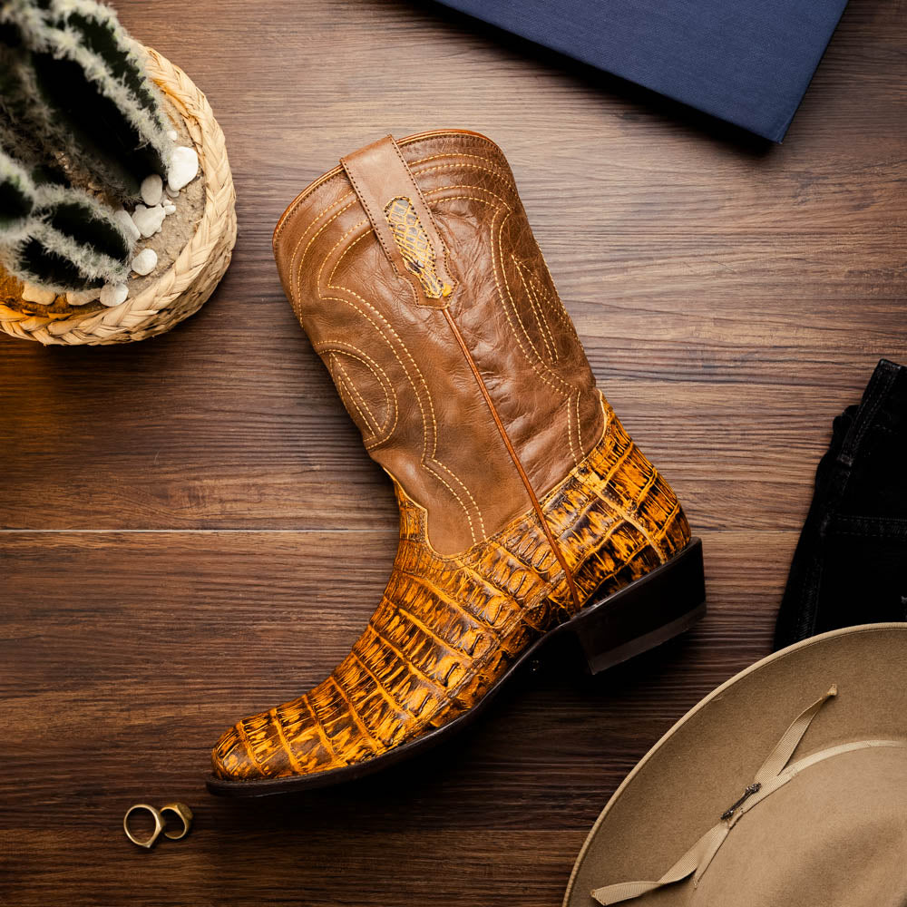 Marco Di Milano Phoenix Mustard Brown Caiman Crocodile Round Toe Cowboy Boots