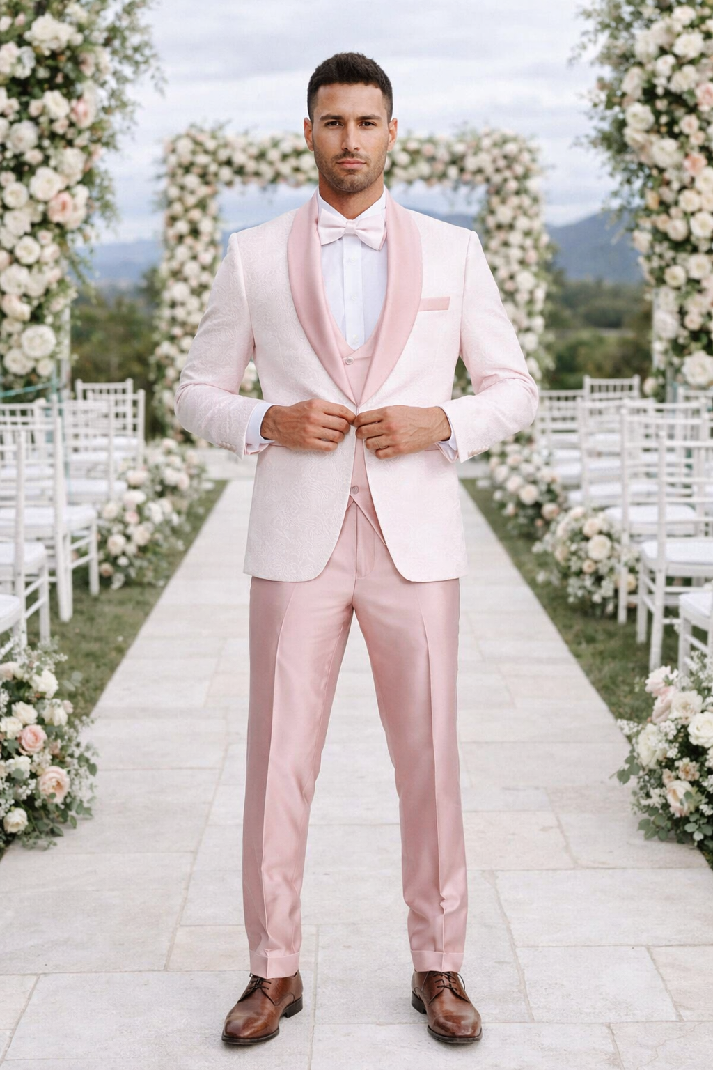 Pink Patterned Tuxedo Set with Shawl Lapel – Wedding & Prom