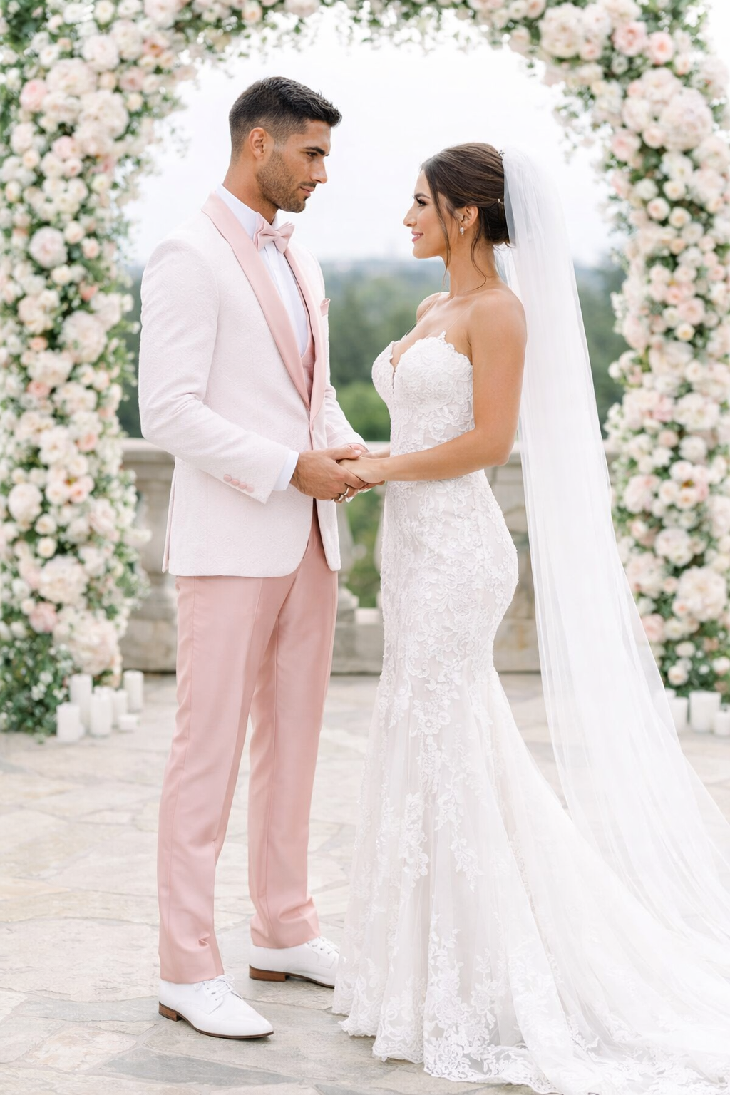 Pink Patterned Tuxedo Set with Shawl Lapel – Wedding & Prom