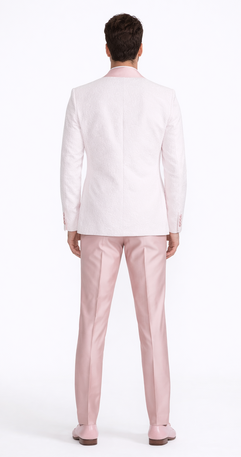 Pink Patterned Tuxedo Set with Shawl Lapel – Wedding & Prom