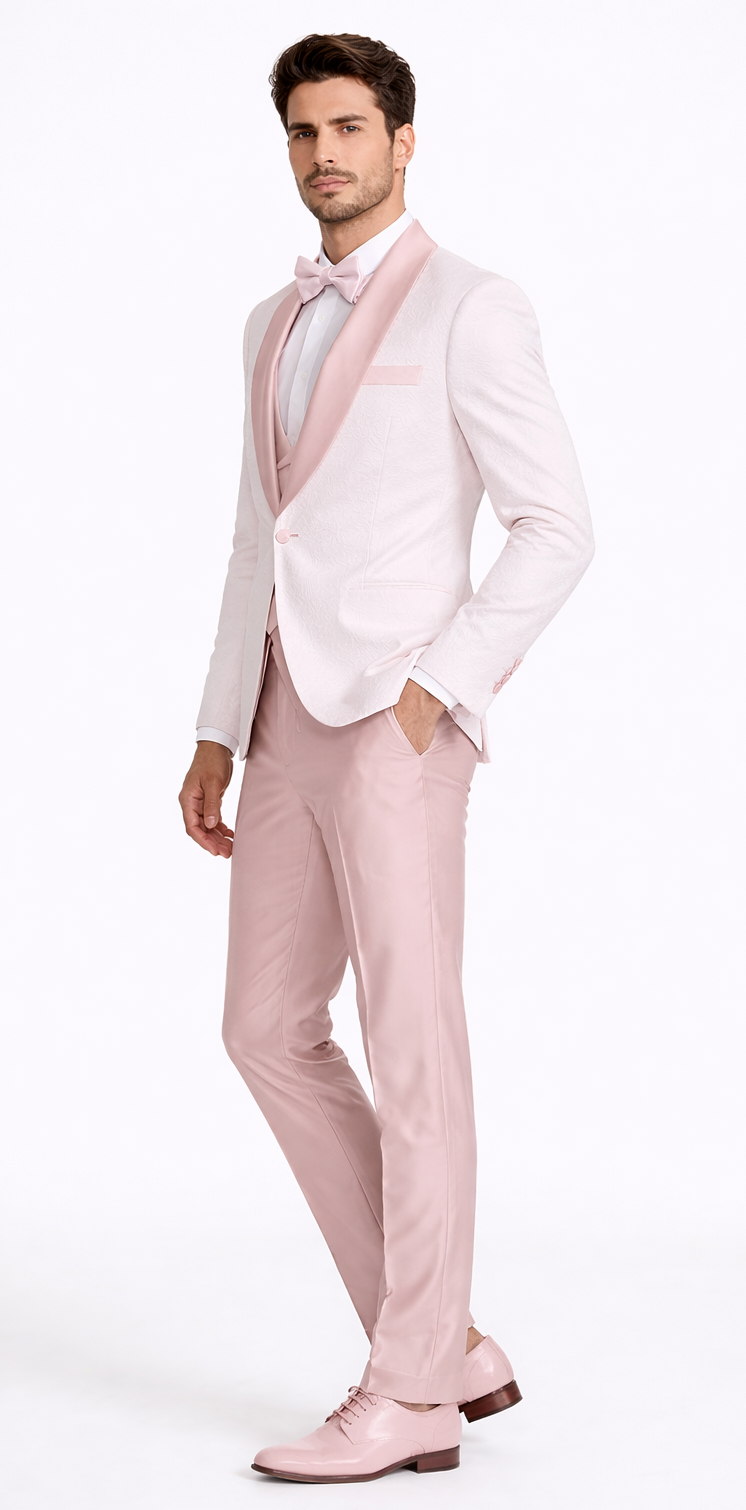 Pink Patterned Tuxedo Set with Shawl Lapel – Wedding & Prom