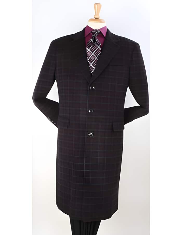 Plaid Windowpane Wool Overcoat in Burgundy