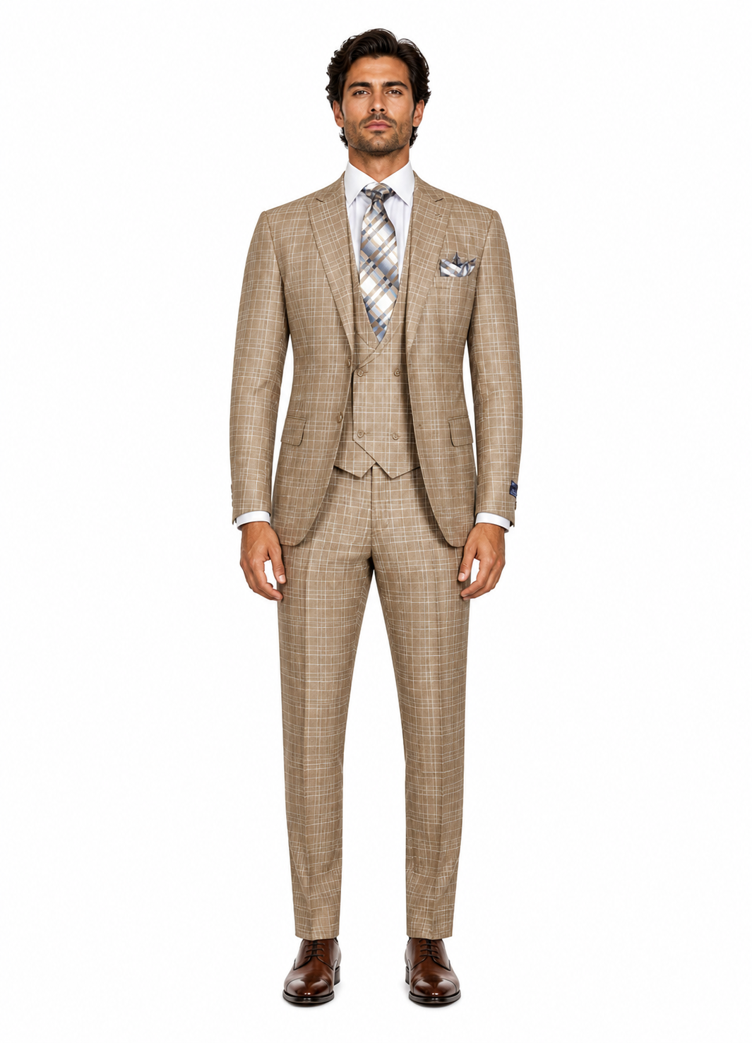 Plaid Khaki Suit with Double Breasted Vest