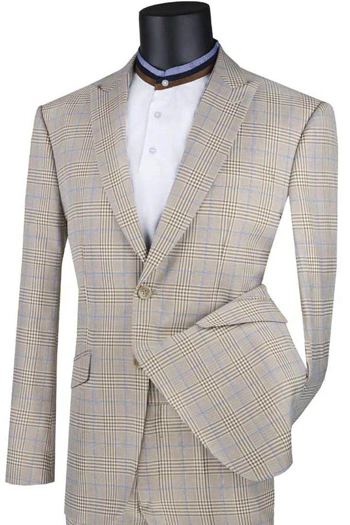 2 Button Modern Fit Plaid Suit - Tan