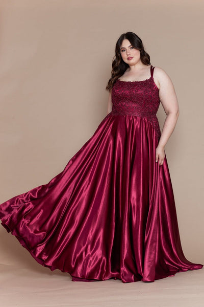 Poly USA W1094 Plus Size Embroidered Long Satin A-line Dress