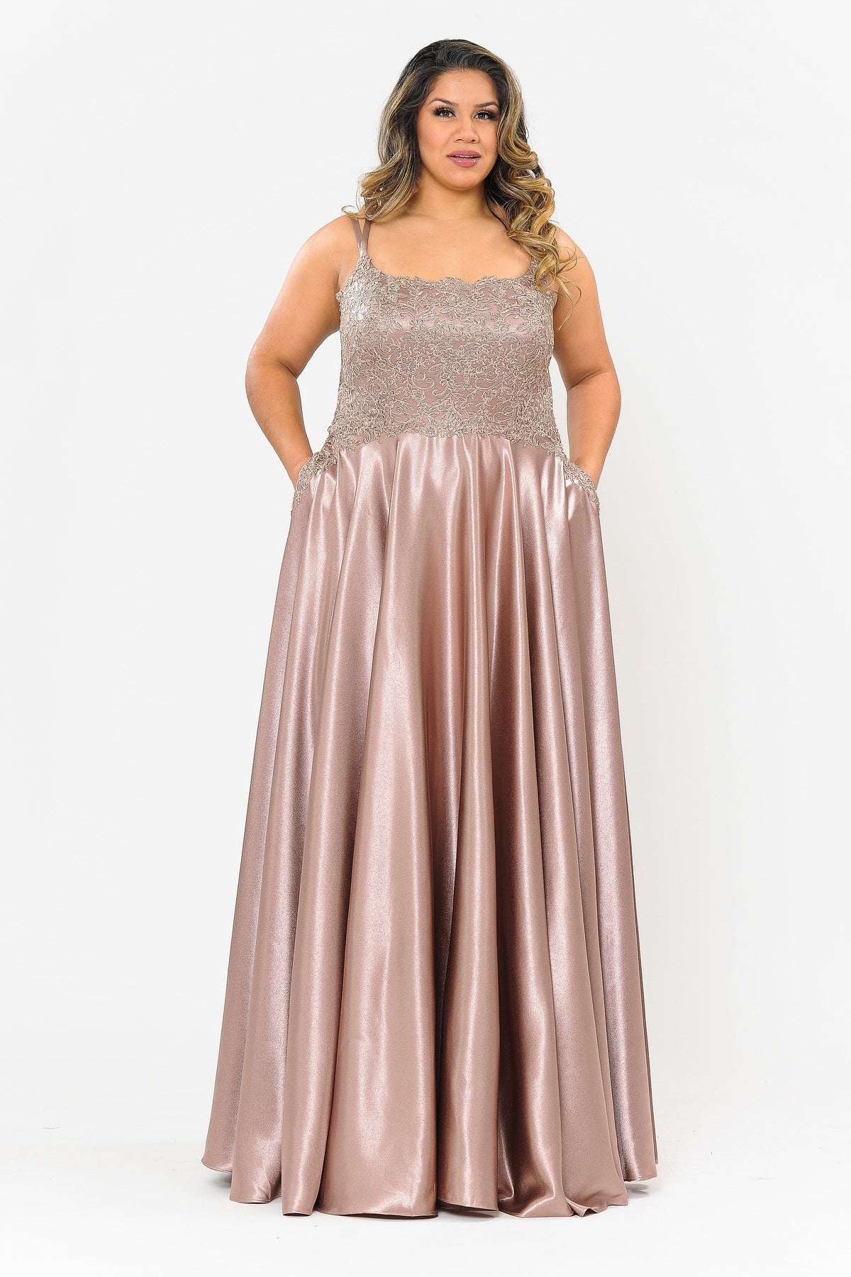 Poly USA W1094 Plus Size Embroidered Long Satin A-line Dress