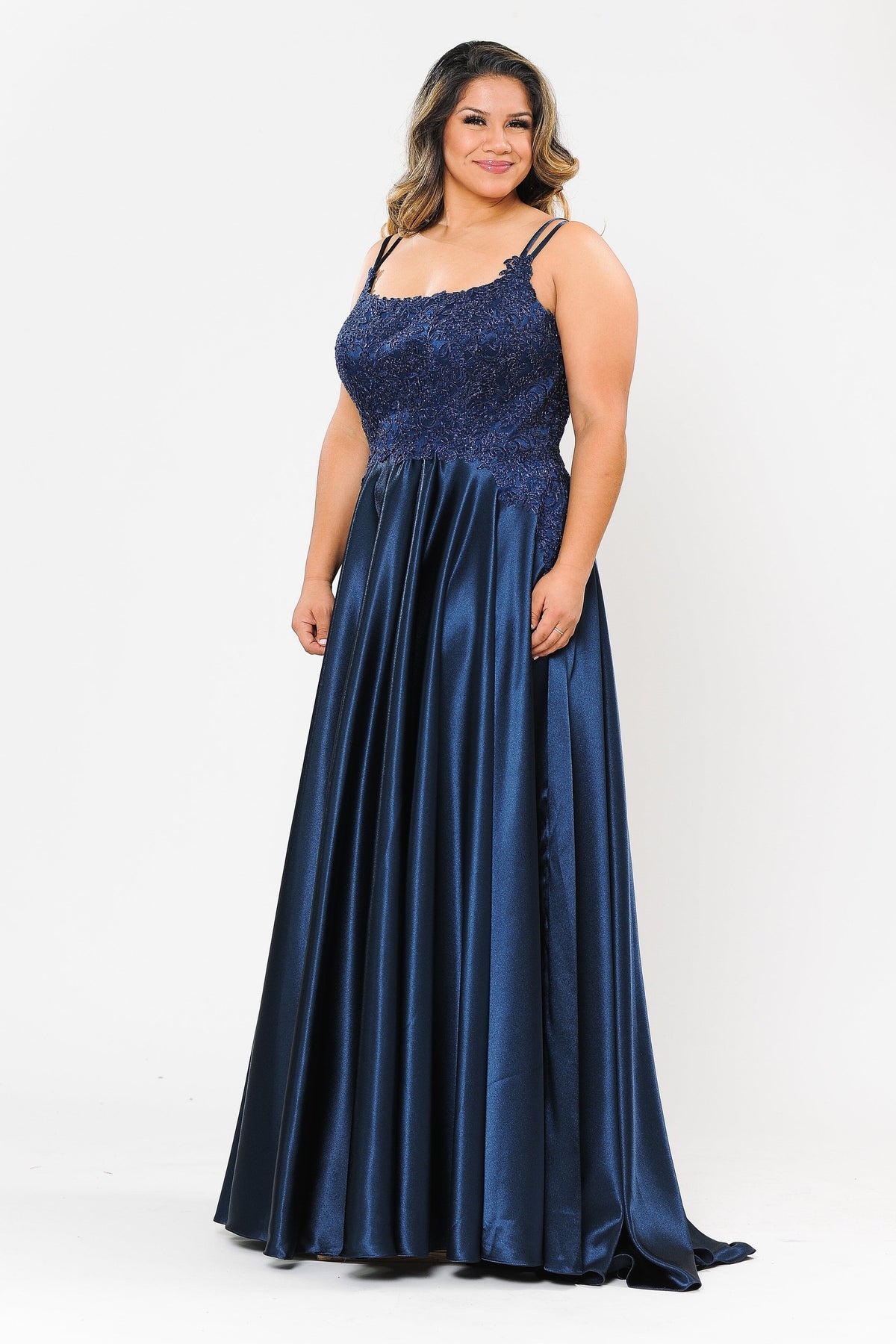 Poly USA W1094 Plus Size Embroidered Long Satin A-line Dress