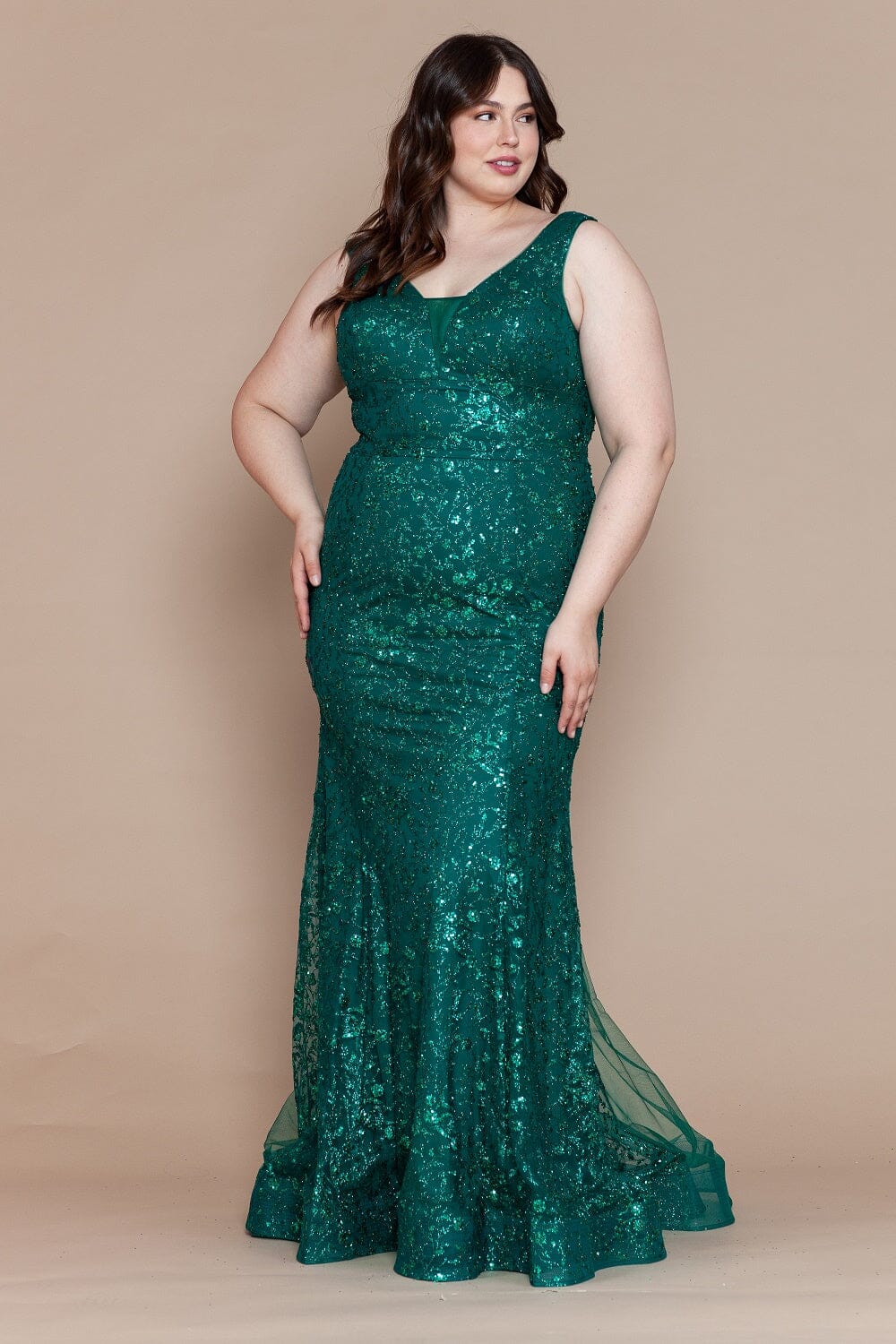 Poly USA W1136 Plus Size Fitted Glitter Print Sleeveless Gown