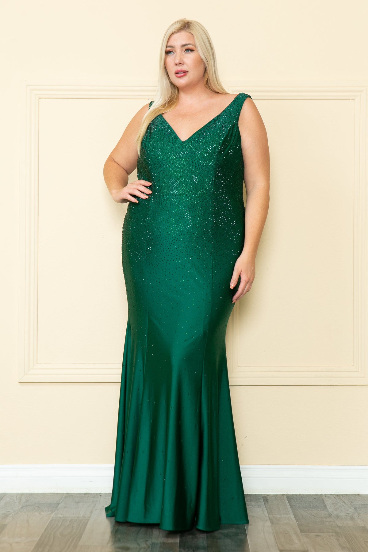 Poly USA W1116 Plus Size Fitted V-Neck Rhinestone Gown