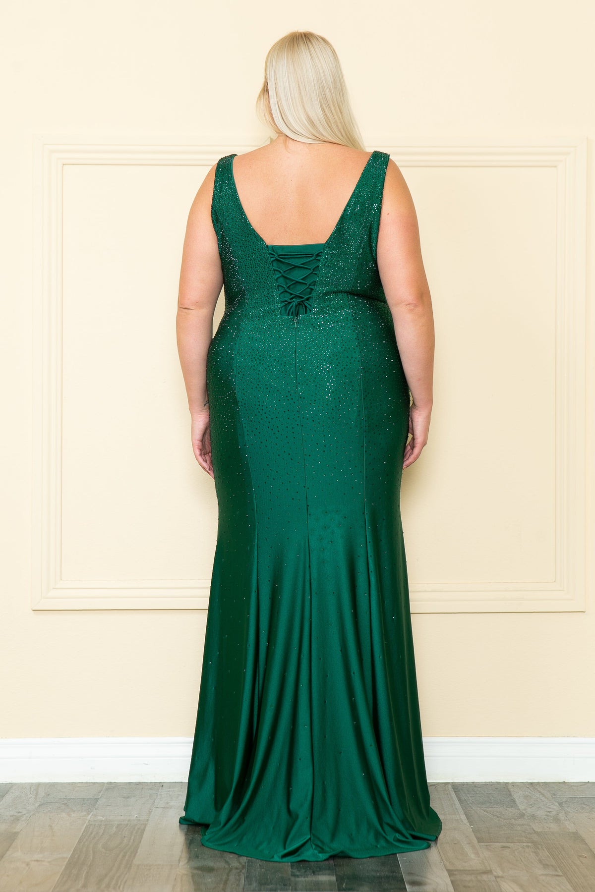 Poly USA W1116 Plus Size Fitted V-Neck Rhinestone Gown