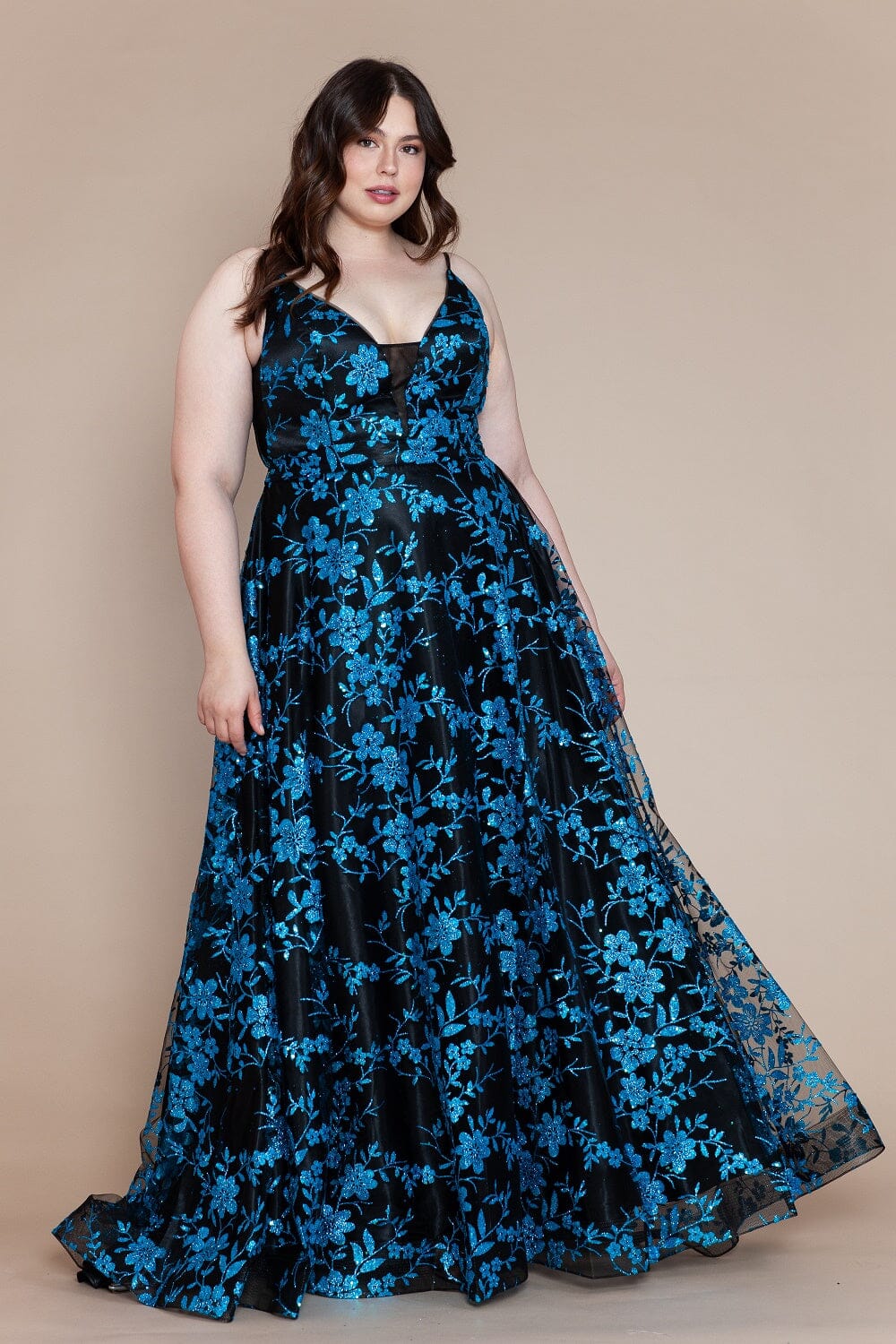 Poly USA W1134 Plus Size Glitter Print Sleeveless A-line Gown