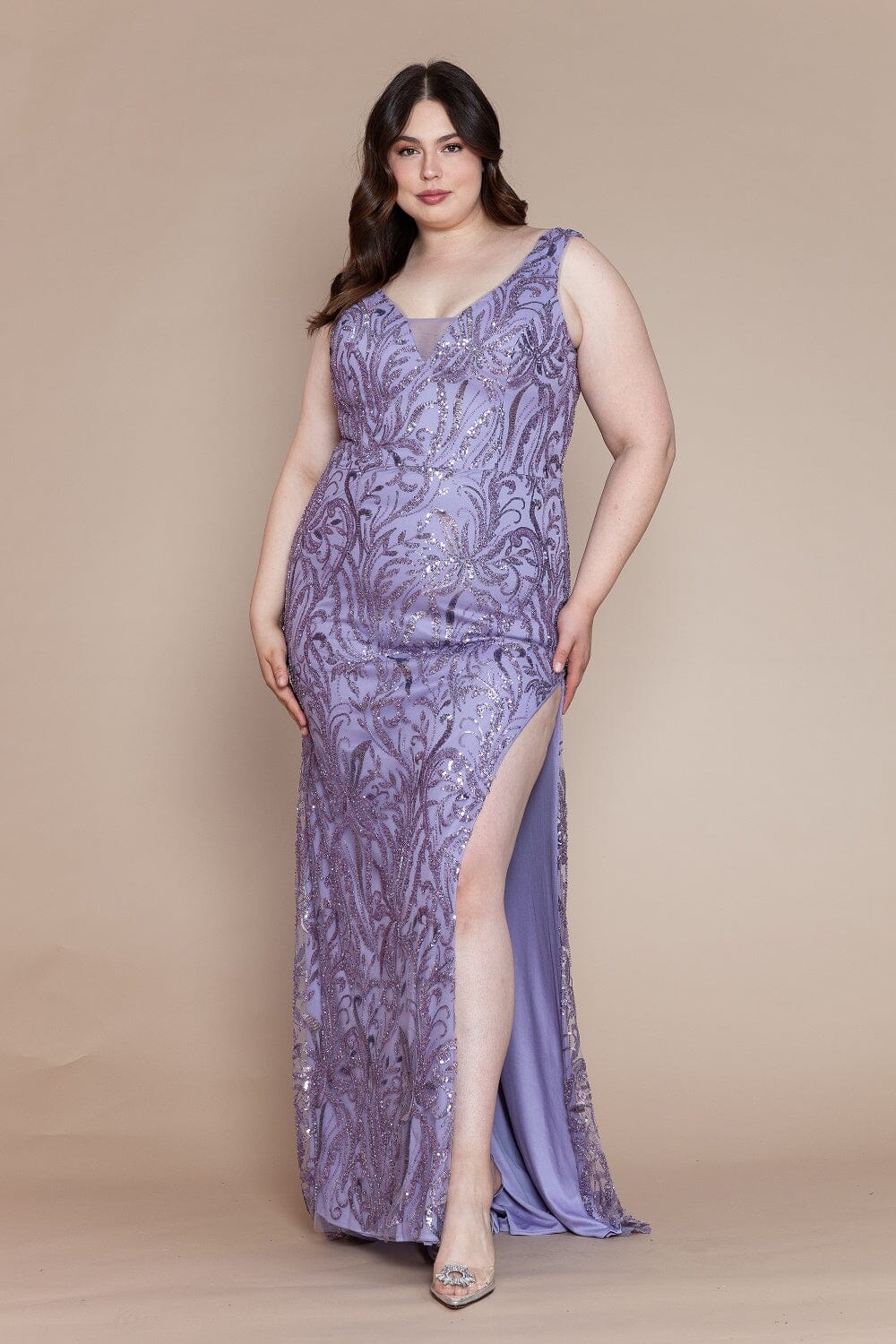 Poly USA W1140 Plus Size Glitter Print Sleeveless Slit Gown