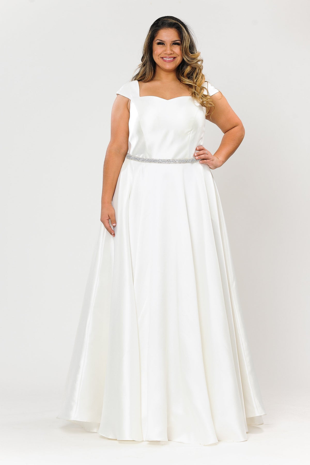 Poly USA W1104 Plus Size Long Cap Sleeve Dress with Corset Back