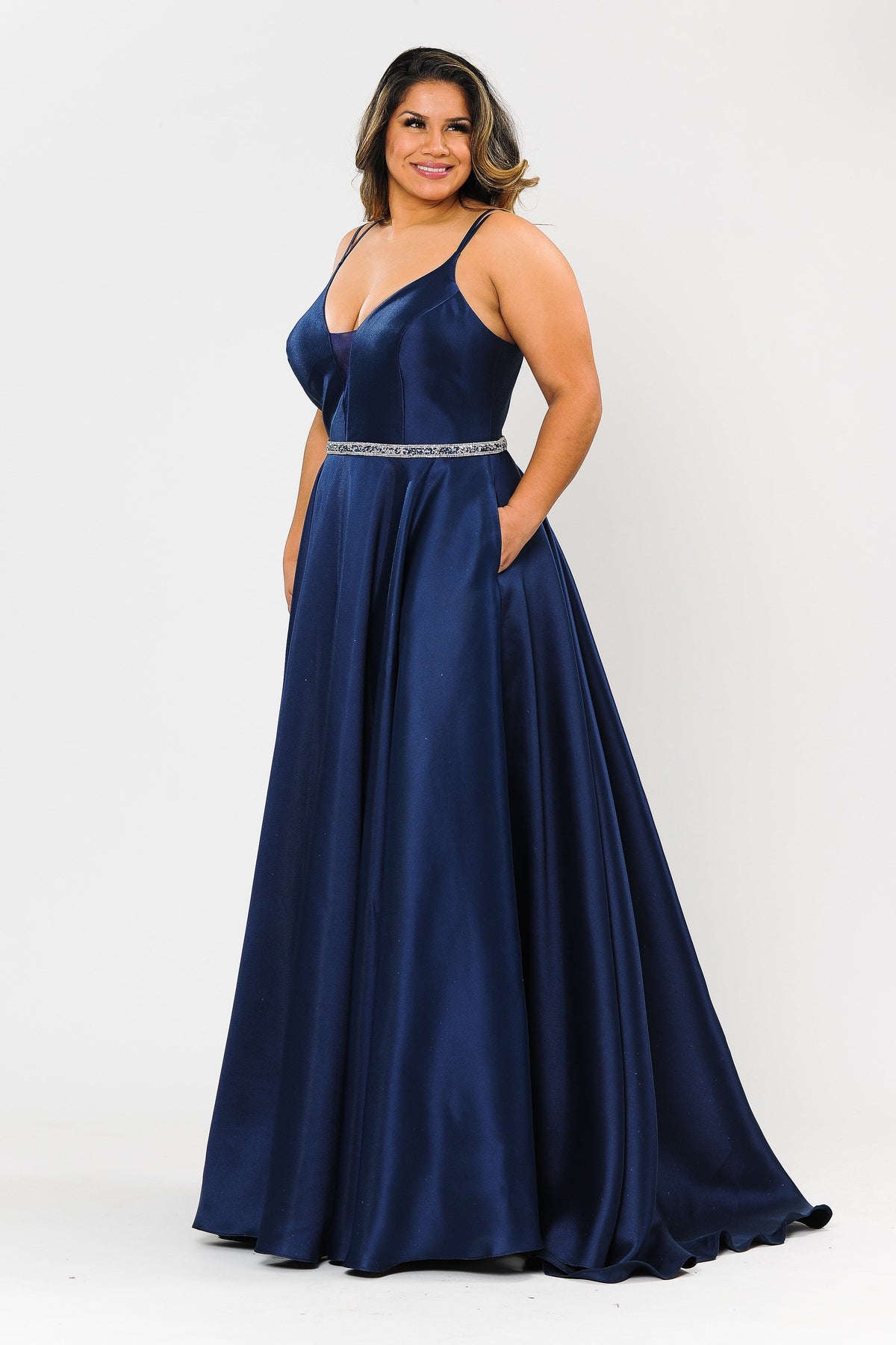 Poly USA W1106 Plus Size Long Deep V-Neck Mikado Dress