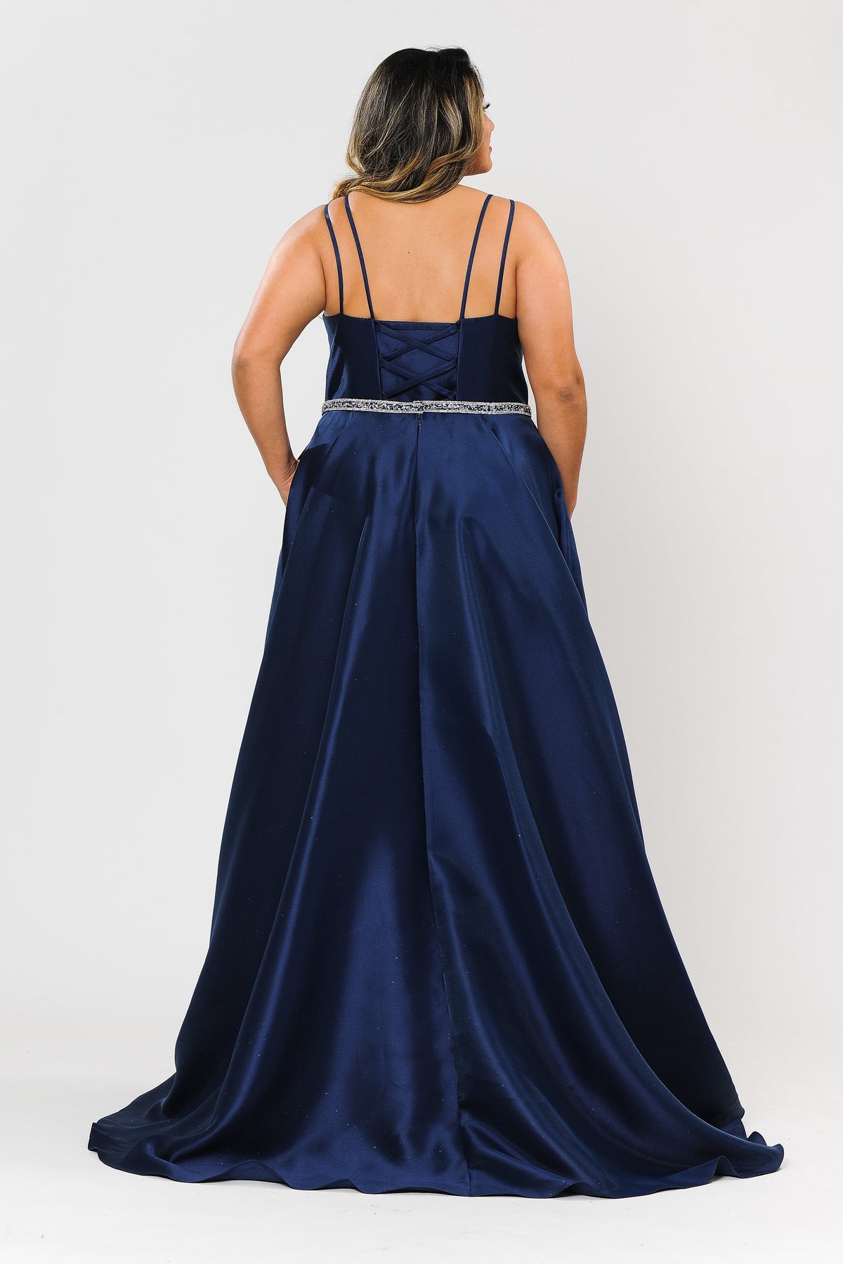 Poly USA W1106 Plus Size Long Deep V-Neck Mikado Dress