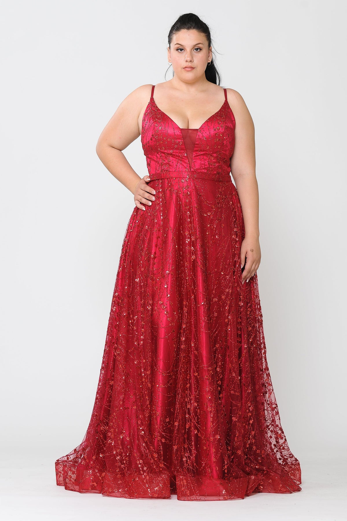 Poly USA W1004 Plus Size Long Glitter Mesh Dress