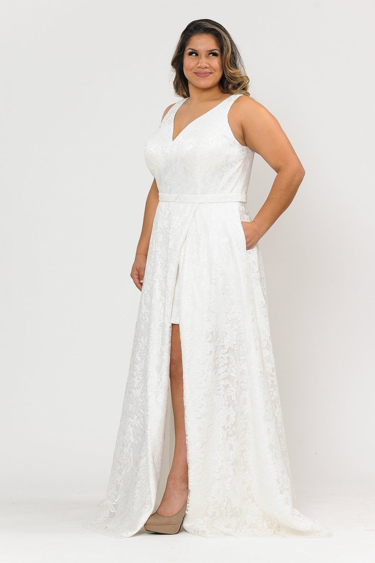 Poly USA W1020 Plus Size Long Lace Dress with Corset Back
