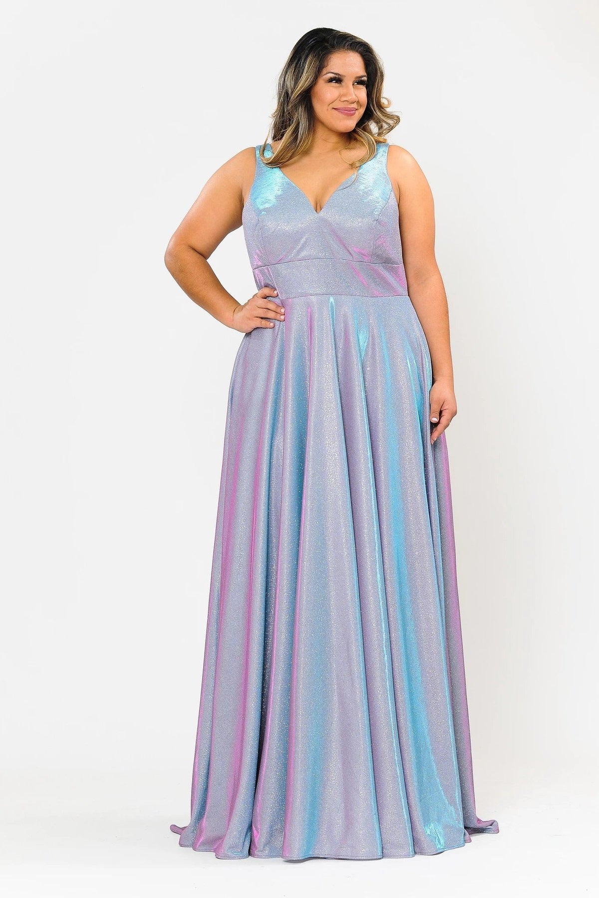Poly USA W1036 Plus Size Long Metallic Glitter V-Neck Dress