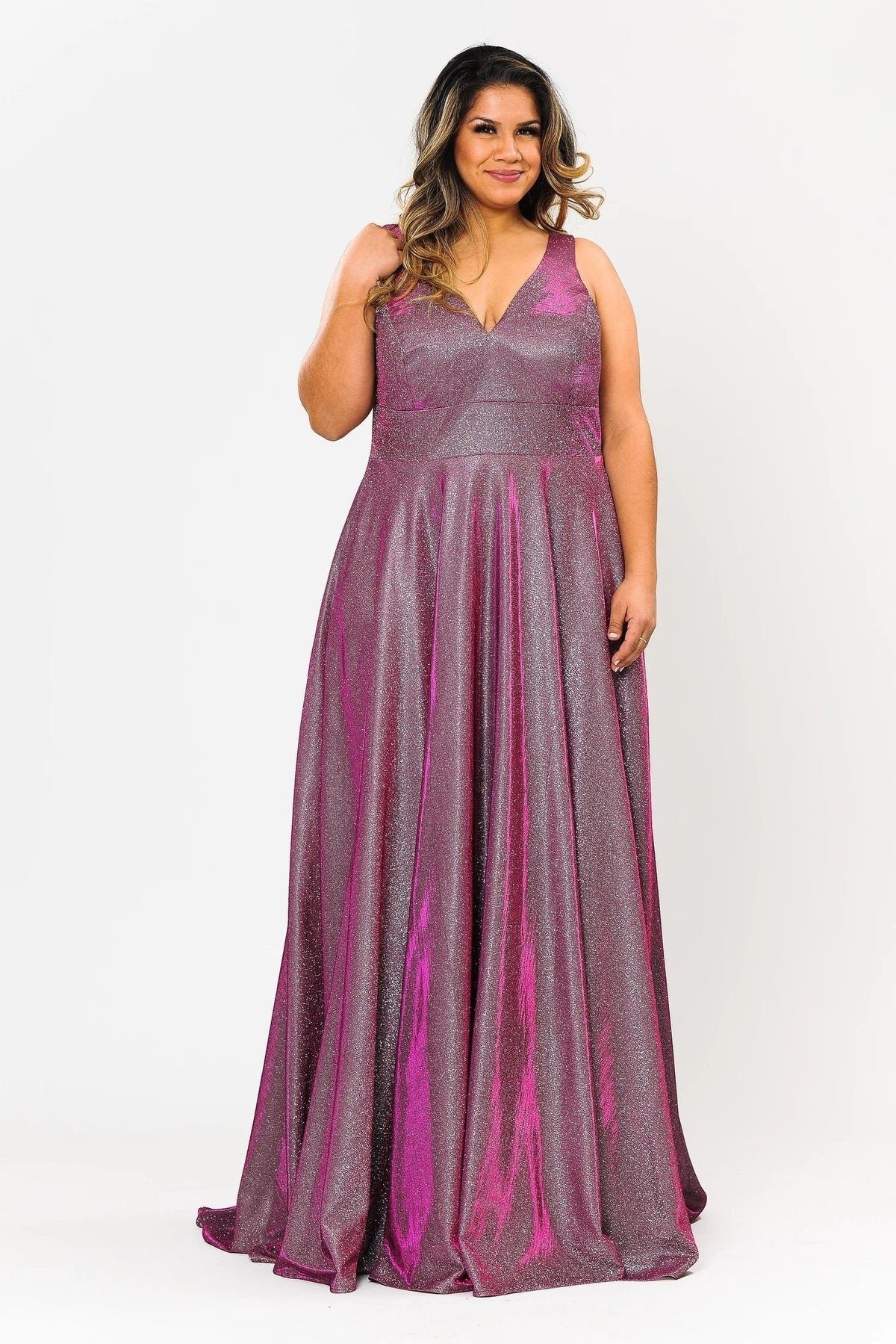 Poly USA W1036 Plus Size Long Metallic Glitter V-Neck Dress