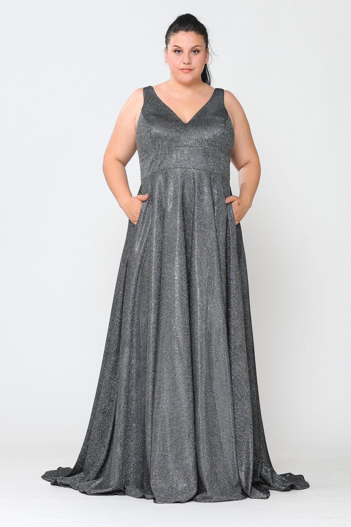 Poly USA W1036 Plus Size Long Metallic Glitter V-Neck Dress