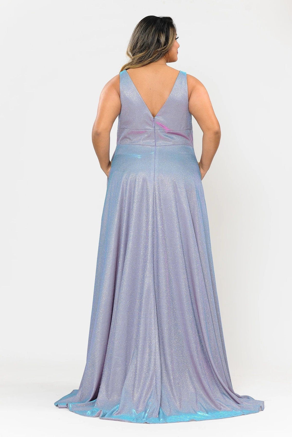 Poly USA W1036 Plus Size Long Metallic Glitter V-Neck Dress