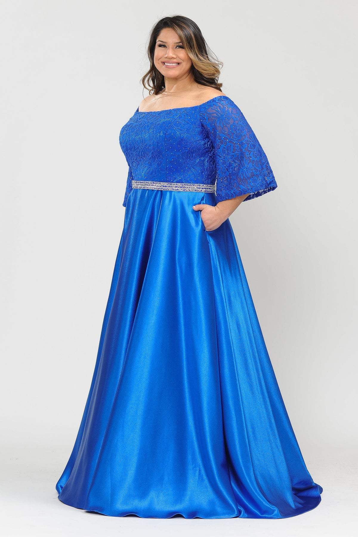 Poly USA W1008 Plus Size Long Off Shoulder Dress with Sleeves
