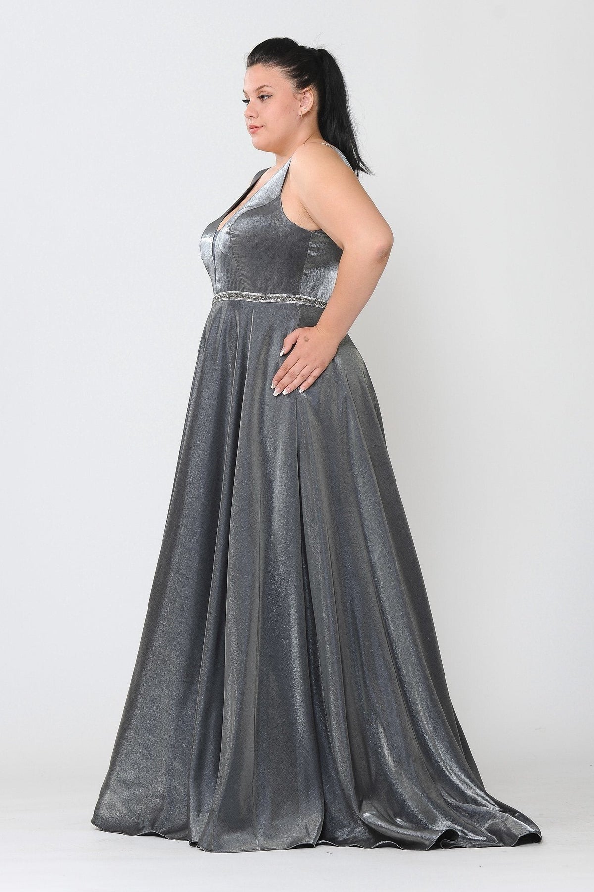 Poly USA W1062 Plus Size Long Satin Deep V-Neck Dress