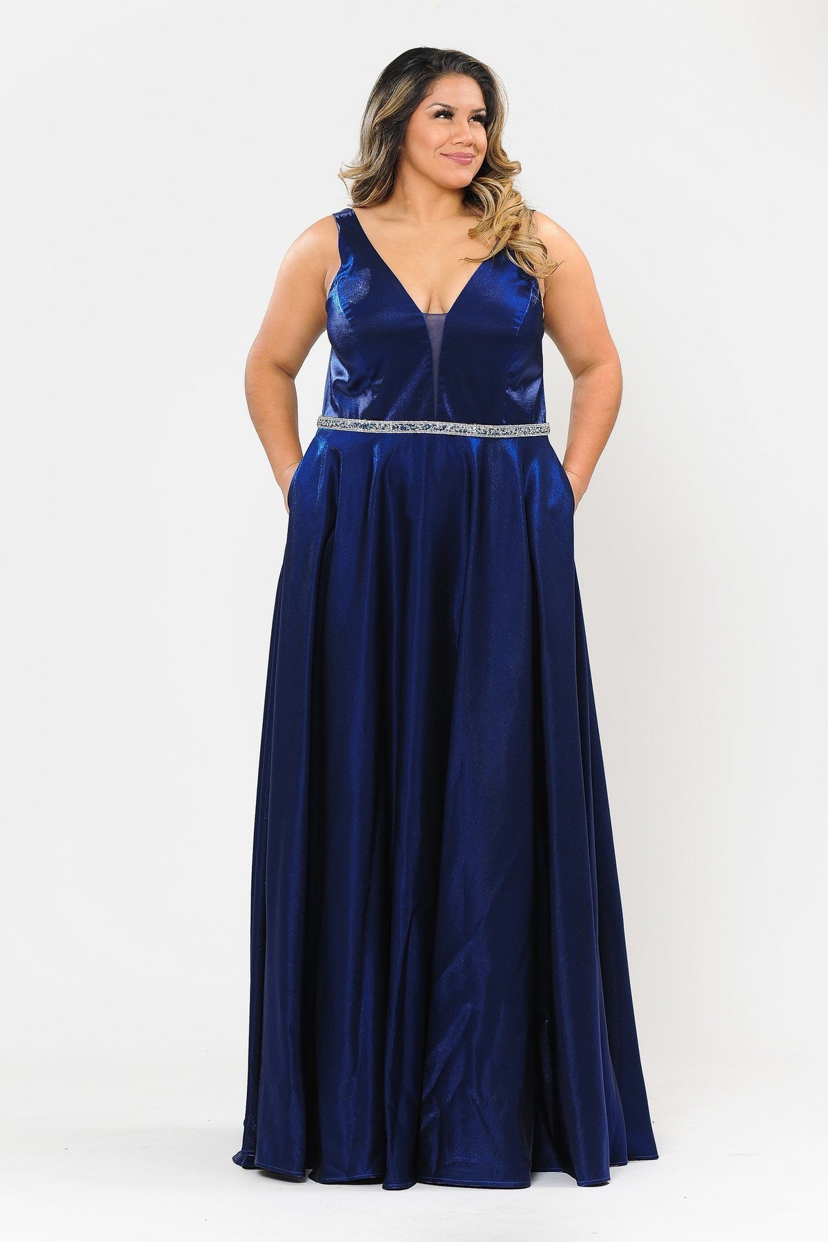 Poly USA W1062 Plus Size Long Satin Deep V-Neck Dress
