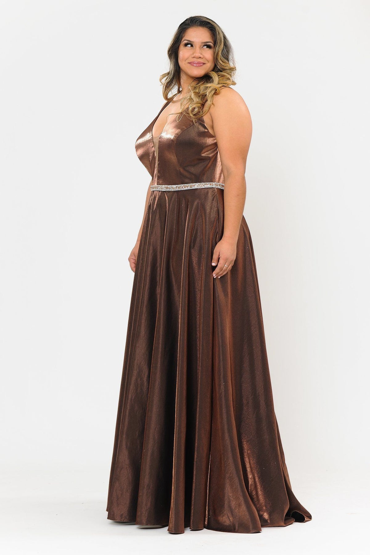 Poly USA W1062 Plus Size Long Satin Deep V-Neck Dress