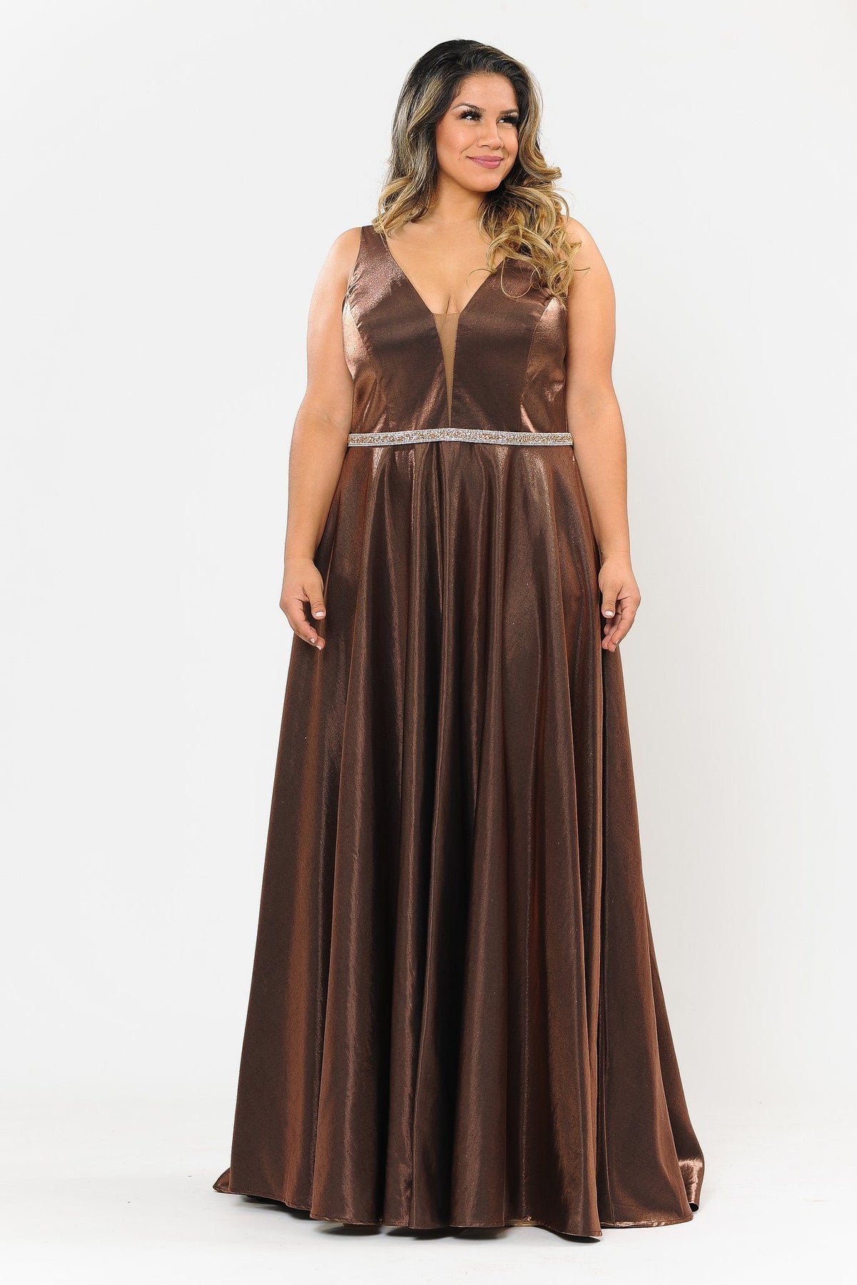 Poly USA W1062 Plus Size Long Satin Deep V-Neck Dress