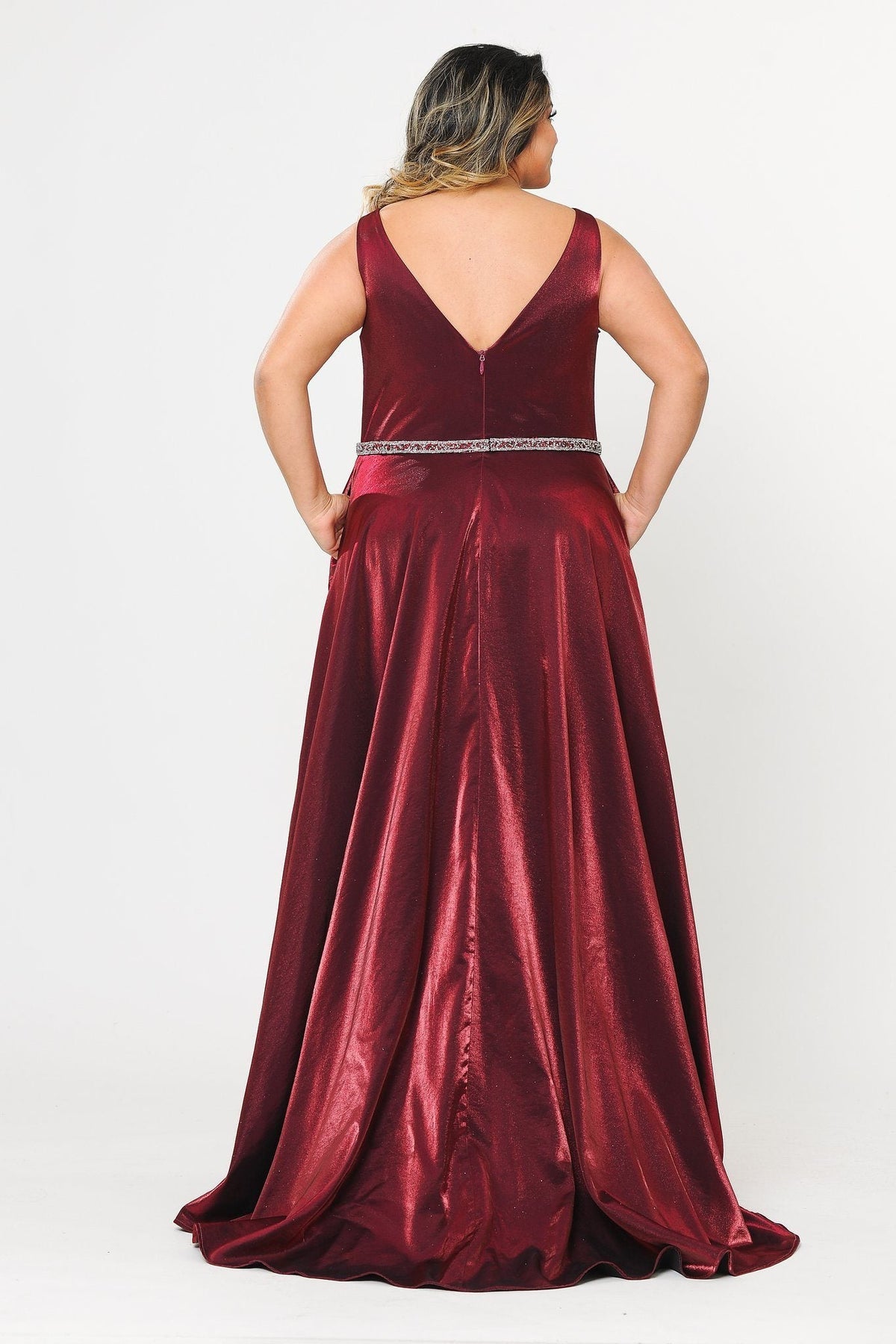 Poly USA W1062 Plus Size Long Satin Deep V-Neck Dress