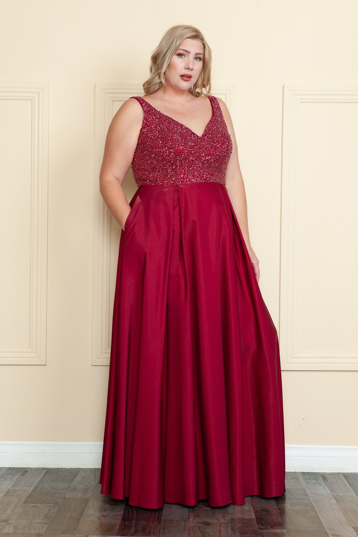 Poly USA W1066 Plus Size Long Satin Dress with Beaded Bodice