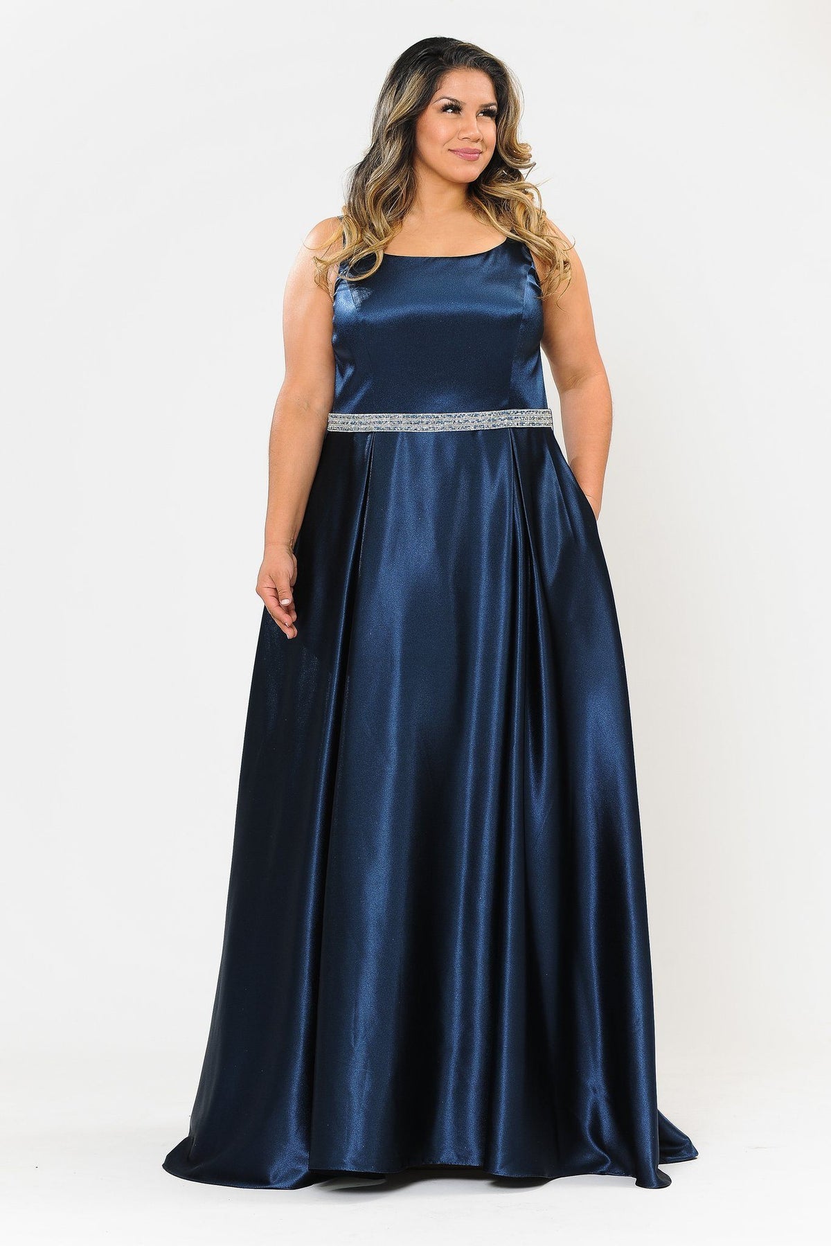 Poly USA W1010 Plus Size Long Satin Dress with Beaded Waist
