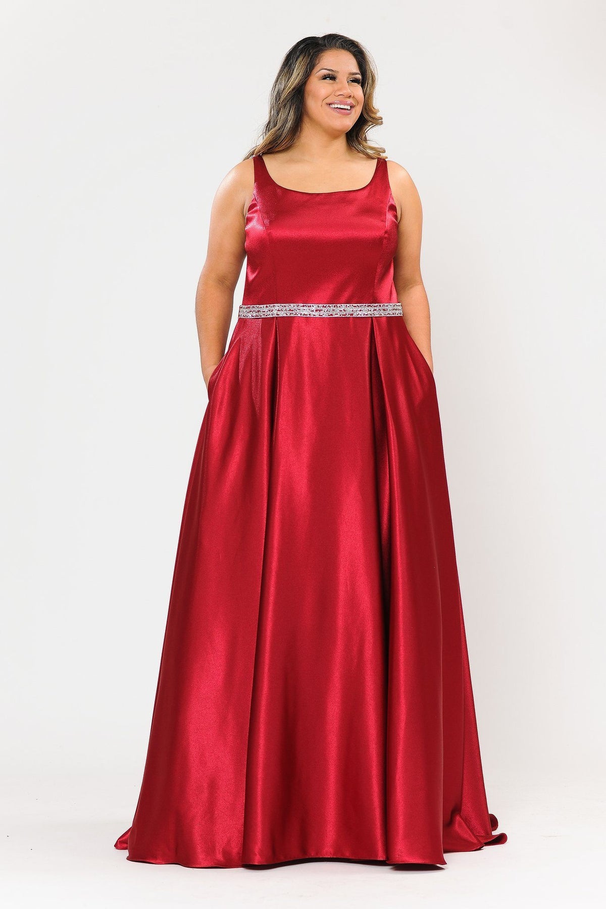 Poly USA W1010 Plus Size Long Satin Dress with Beaded Waist
