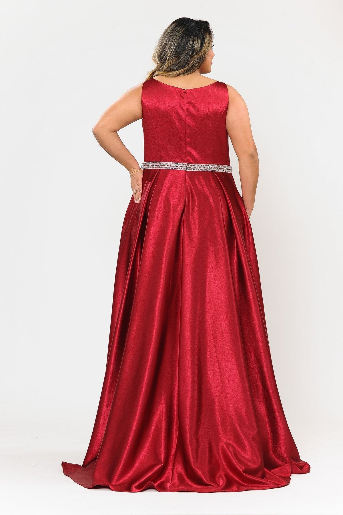 Poly USA W1010 Plus Size Long Satin Dress with Beaded Waist